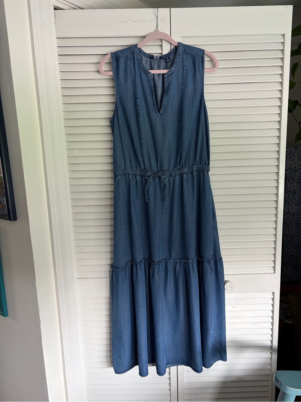 Lands’ End Denim tiered maxi dress with elastic drawstring waist and pockets